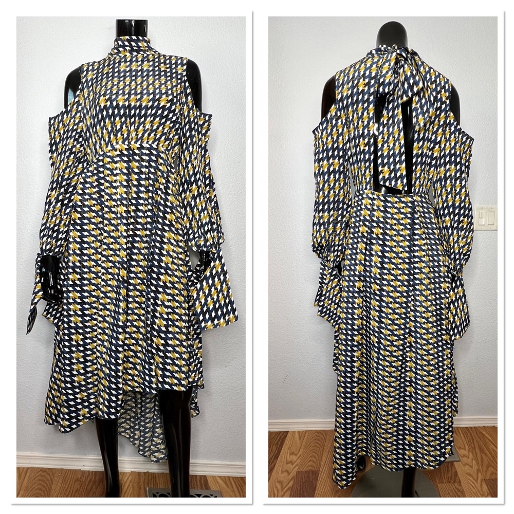 Rokh Asymmetrical Cold-Shoulder Dress in Navy, Yellow & White